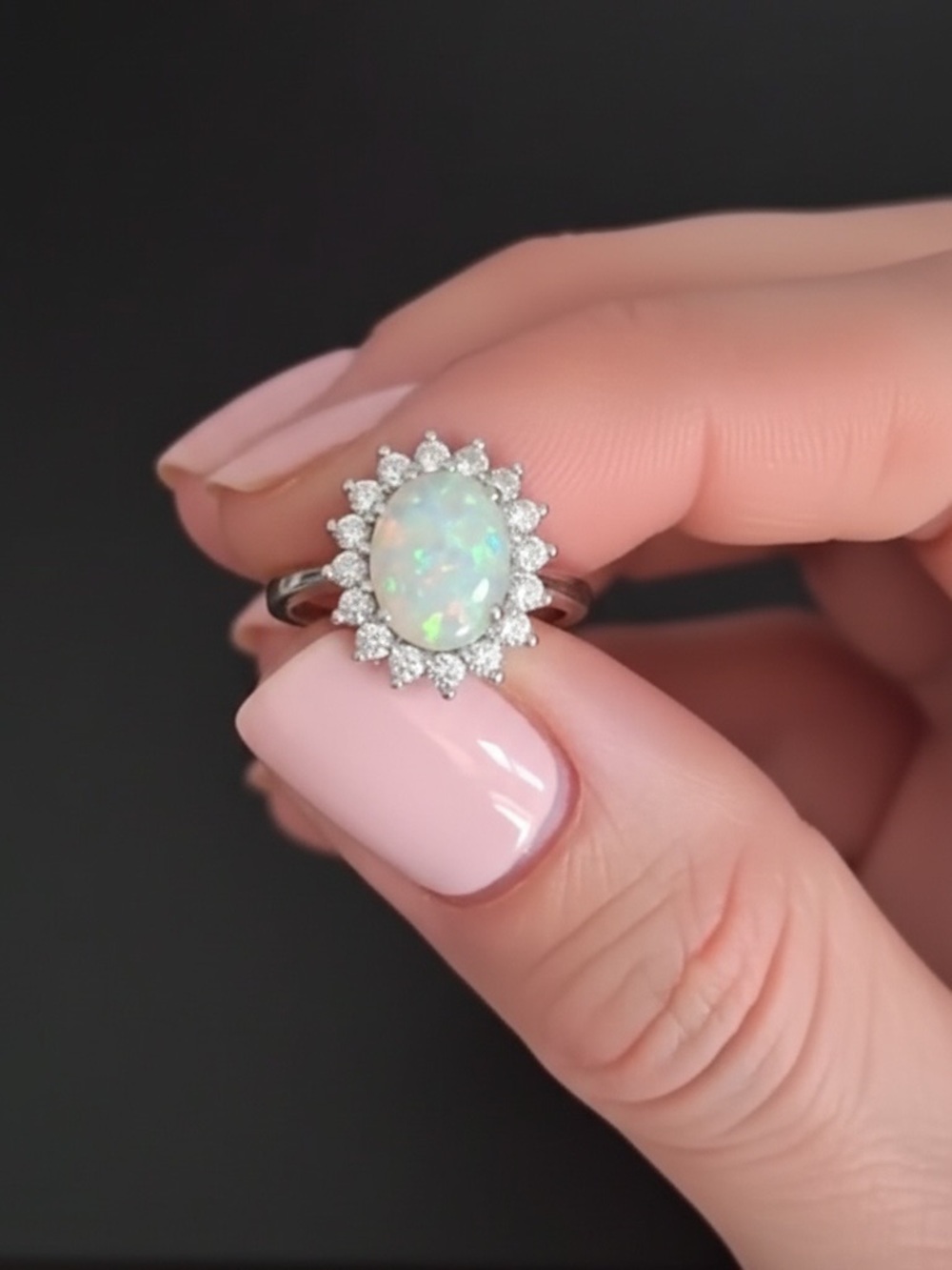 18k White Gold Plated Opal Ring with CZ Gems. New.